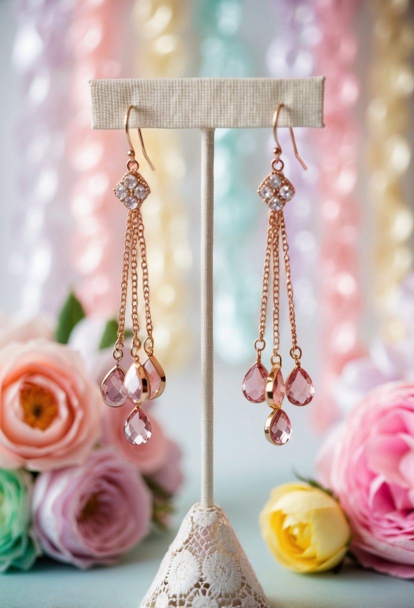 A pair of custom rose gold danglers dangle from a vintage lace-covered jewelry stand, surrounded by pastel-colored 90s wedding decor