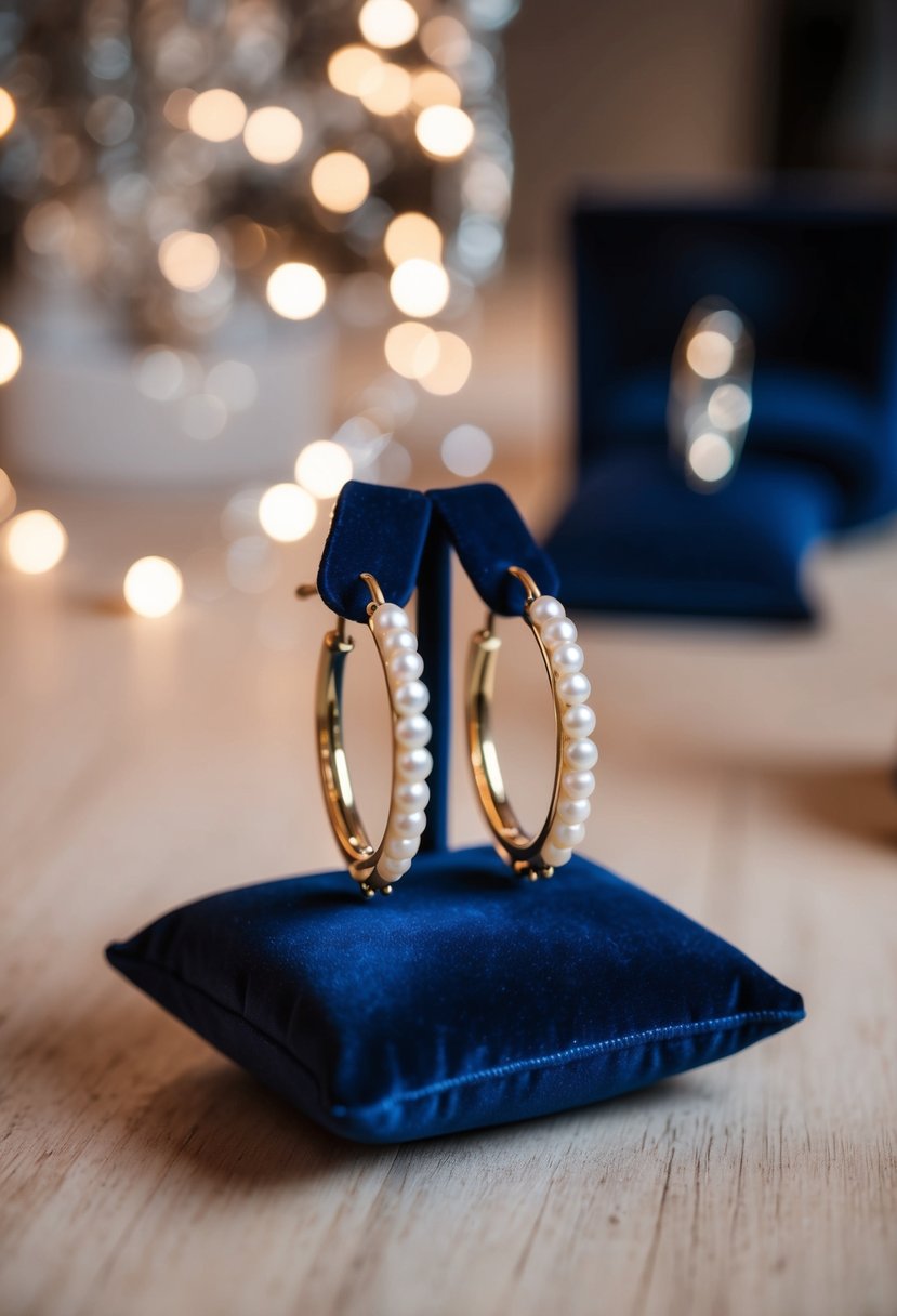 A pair of hoop earrings with pearl accents displayed on a velvet cushion