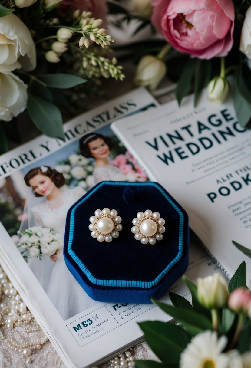 A pair of Art Deco pearl studs displayed on a velvet cushion, surrounded by vintage wedding magazines and floral arrangements