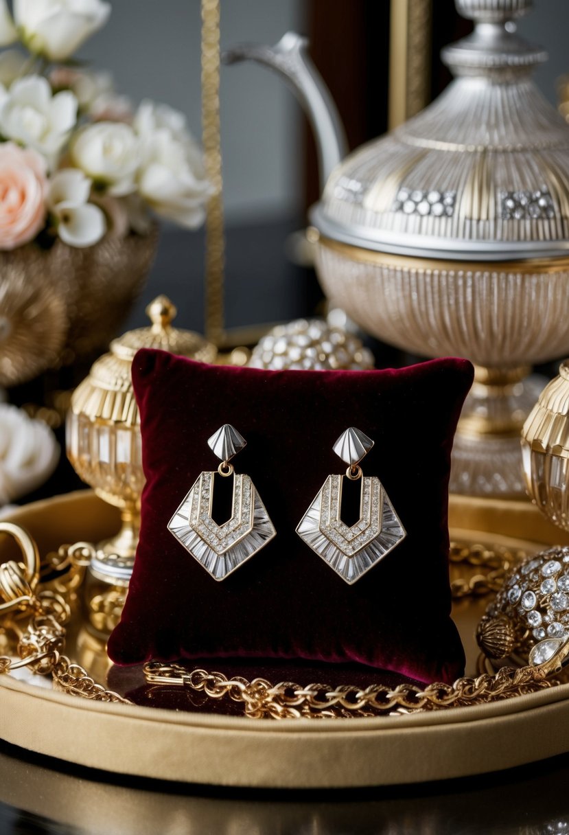 A pair of Art Deco style earrings displayed on a luxurious velvet cushion, surrounded by vintage glamour accessories and elegant decor