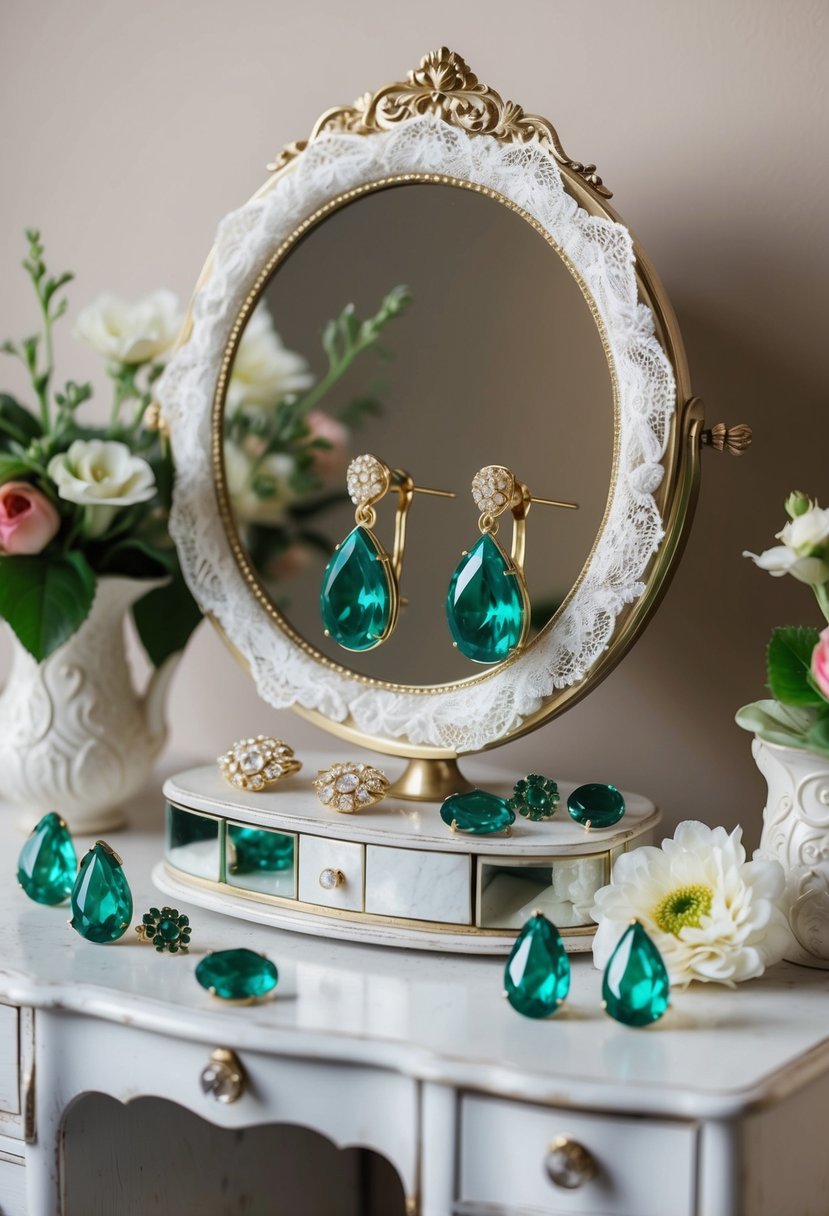 A vintage vanity table adorned with emerald teardrop earrings, surrounded by delicate lace and floral accents