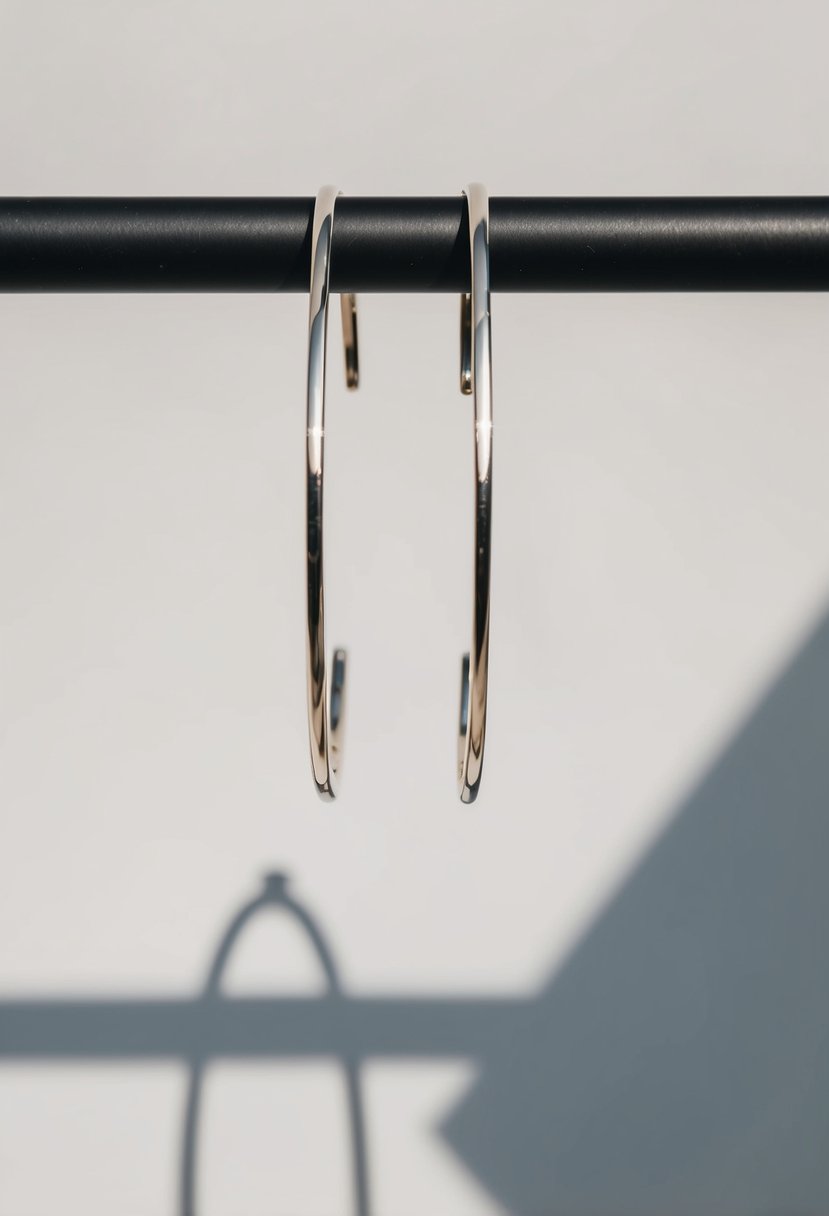 A pair of simple, sleek hoop earrings suspended in mid-air, casting a soft shadow against a plain background