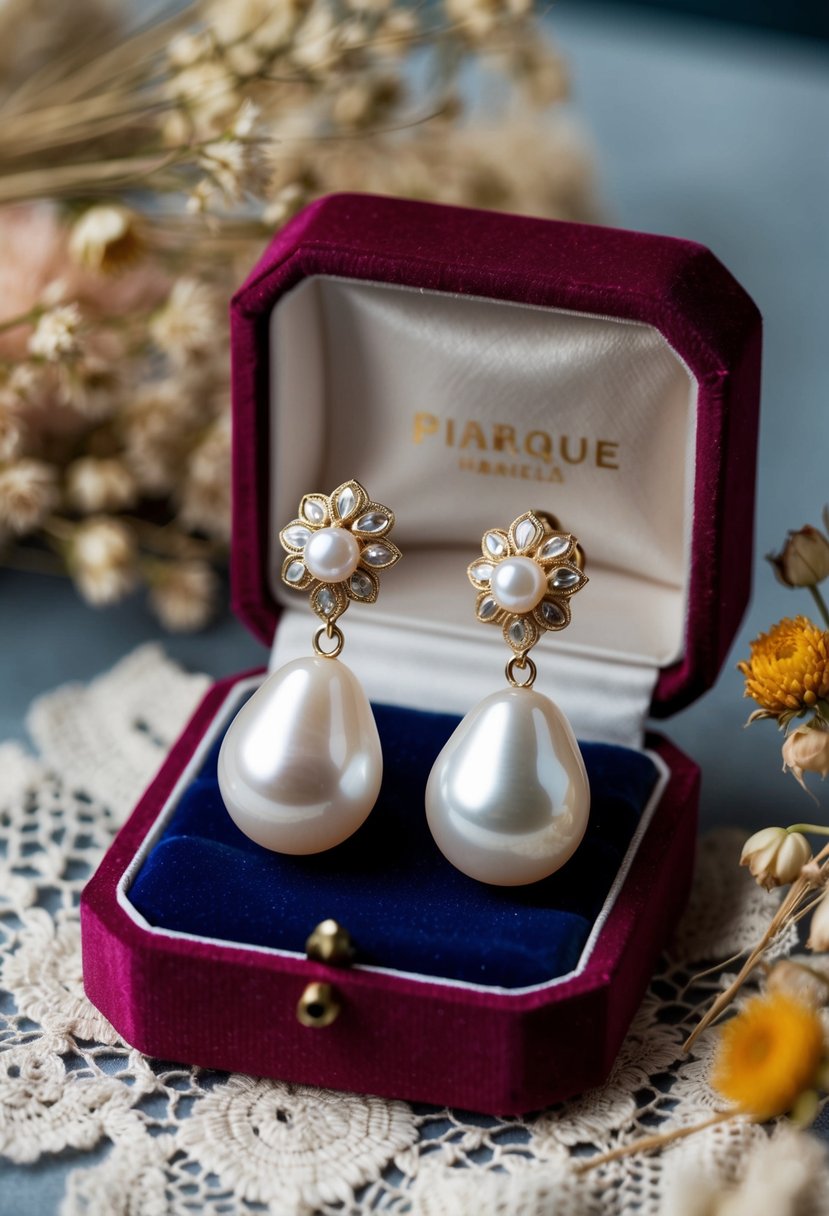 A pair of baroque pearl drop earrings hanging from a vintage velvet jewelry box, surrounded by delicate lace and dried flowers