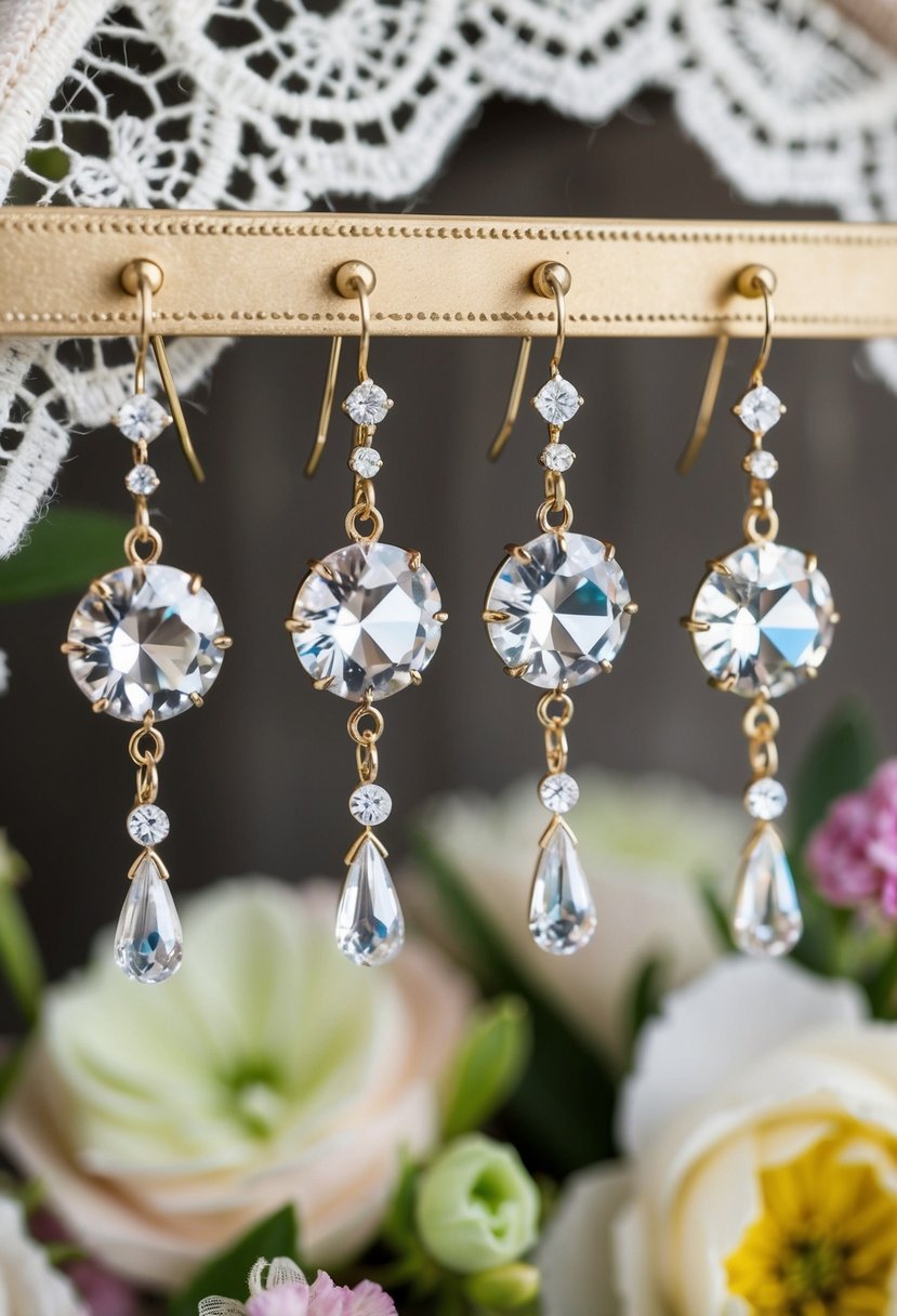 Shimmering crystal earrings dangle from a vintage-inspired display, surrounded by delicate lace and floral accents