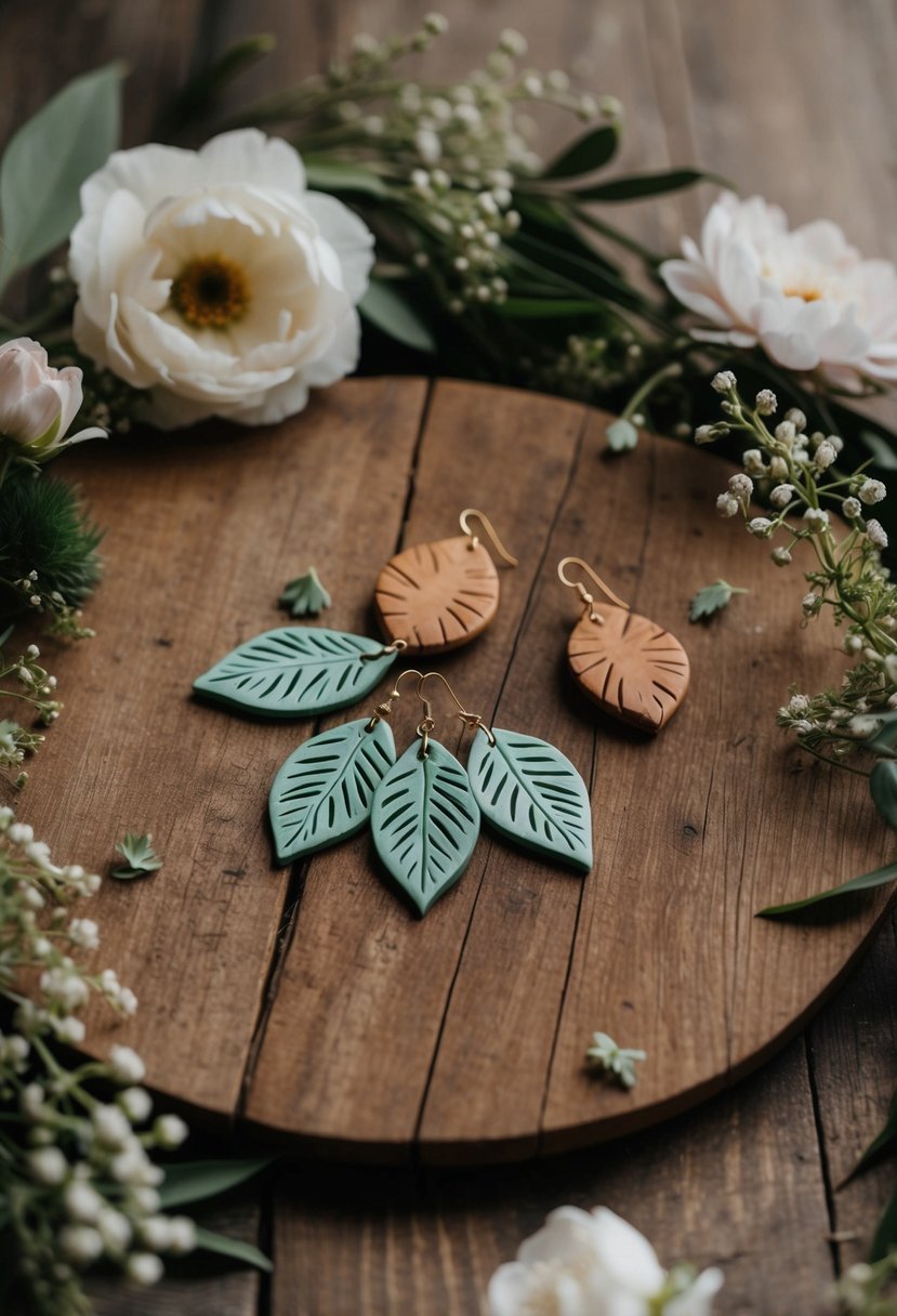 A rustic wooden table with scattered bohemian leaf dangle earrings made of clay, surrounded by delicate floral and greenery accents