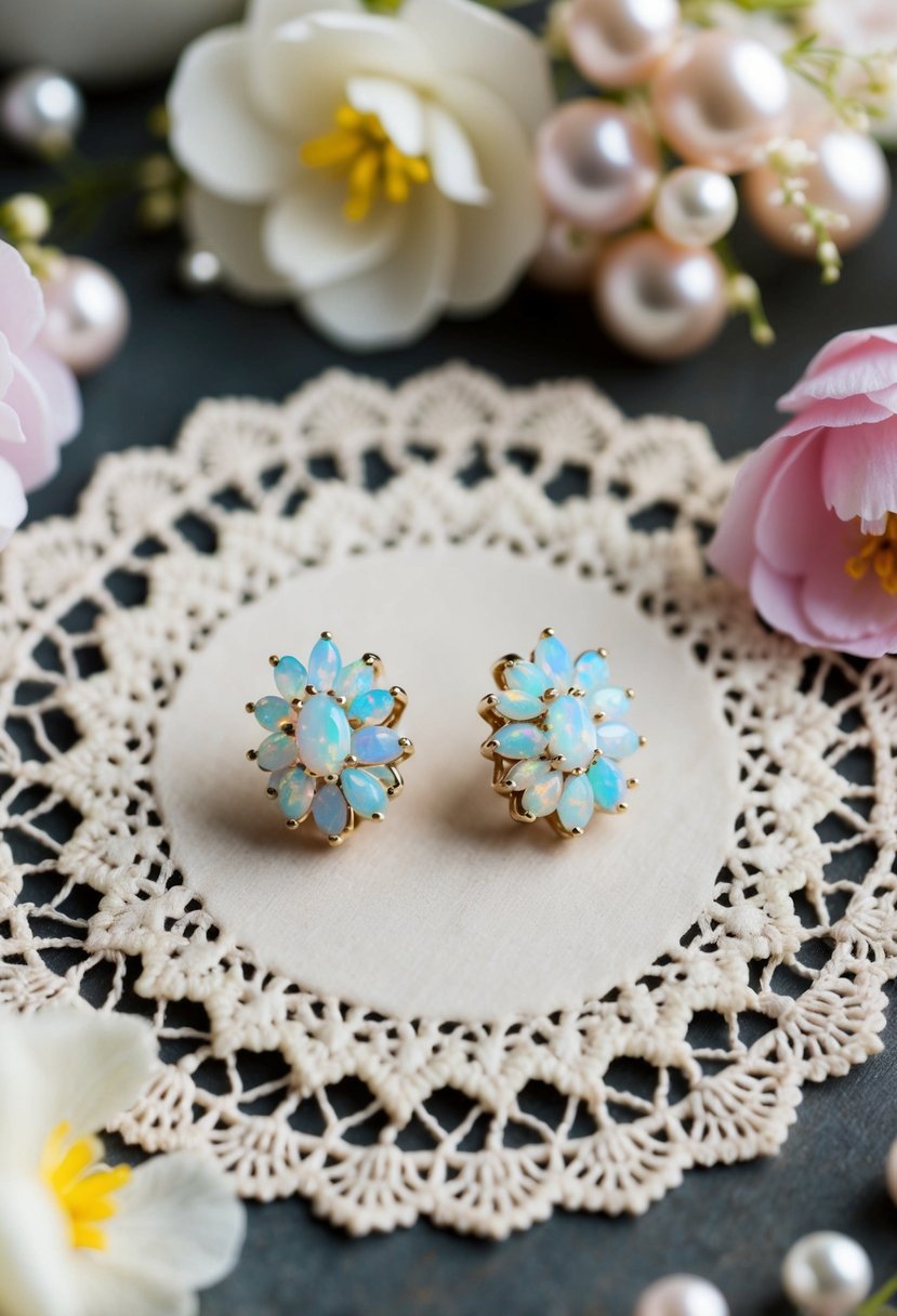 A pair of opal cluster earrings displayed on a vintage lace doily, surrounded by delicate floral and pearl accents