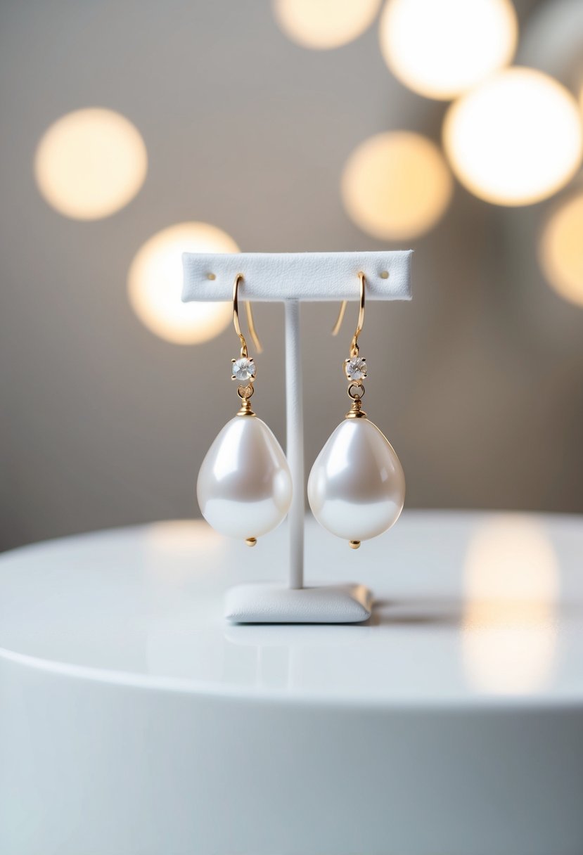 A pair of simple, elegant pearl drop earrings displayed on a clean, white surface with soft lighting