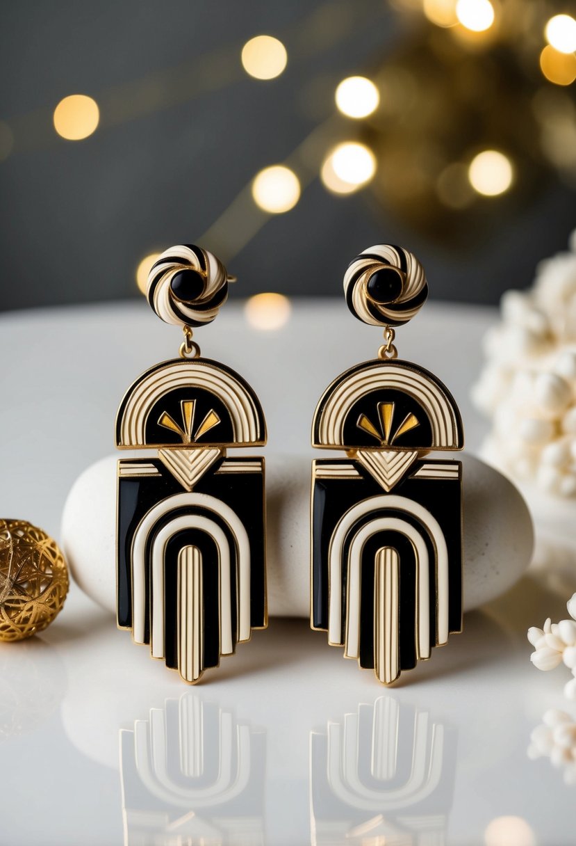 A pair of Art Deco-inspired clay earrings with elegant swirls and geometric patterns, featuring a sophisticated color palette of gold, black, and ivory