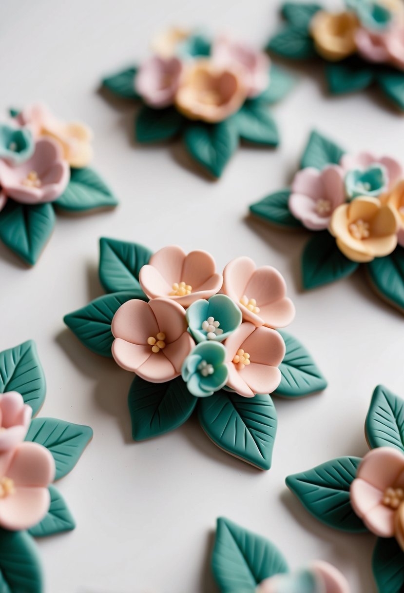 A close-up of clay floral bouquet studs arranged on a white surface, with delicate petals and leaves in pastel colors