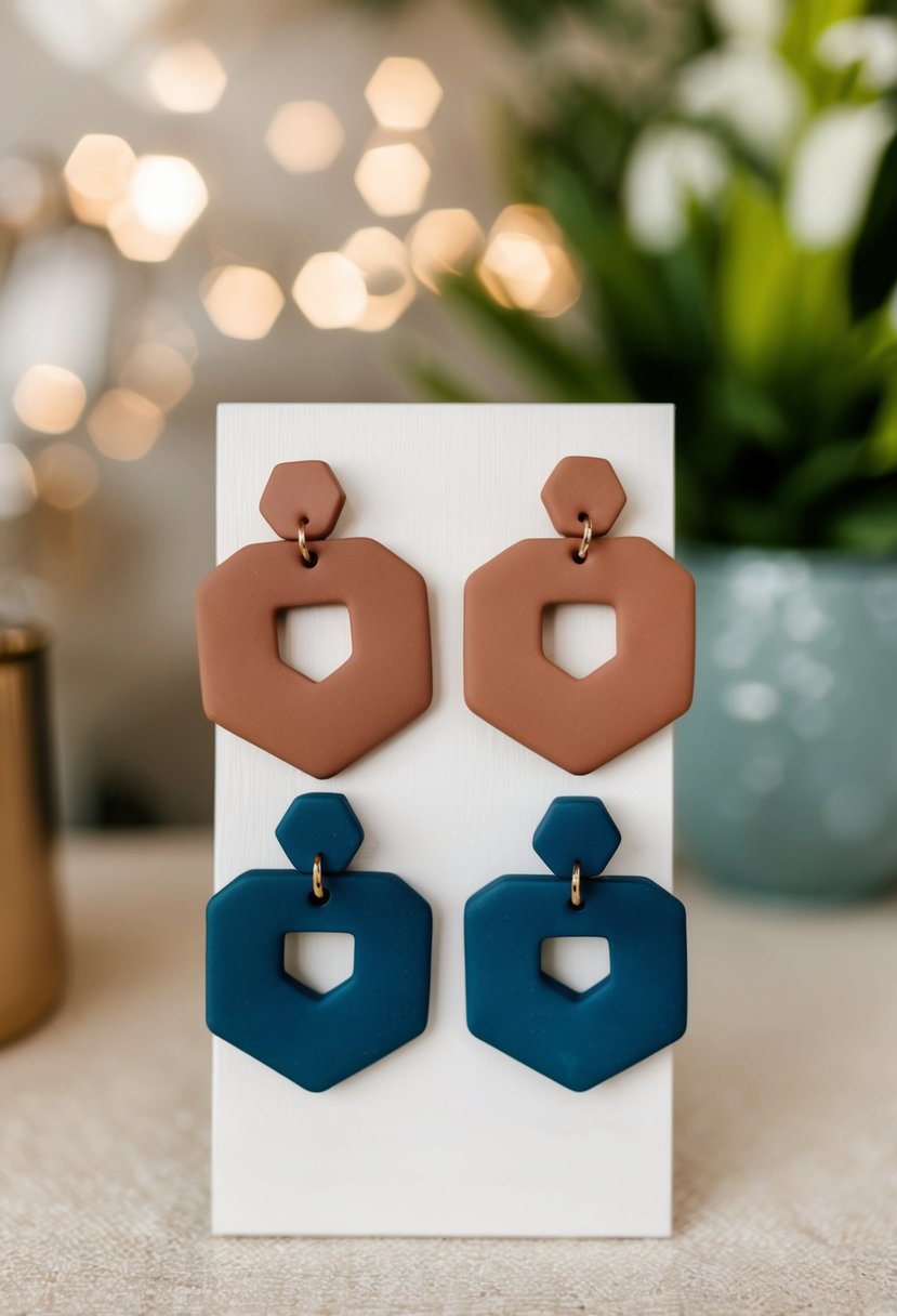 A display of clay wedding earrings arranged in geometric hexagon shapes