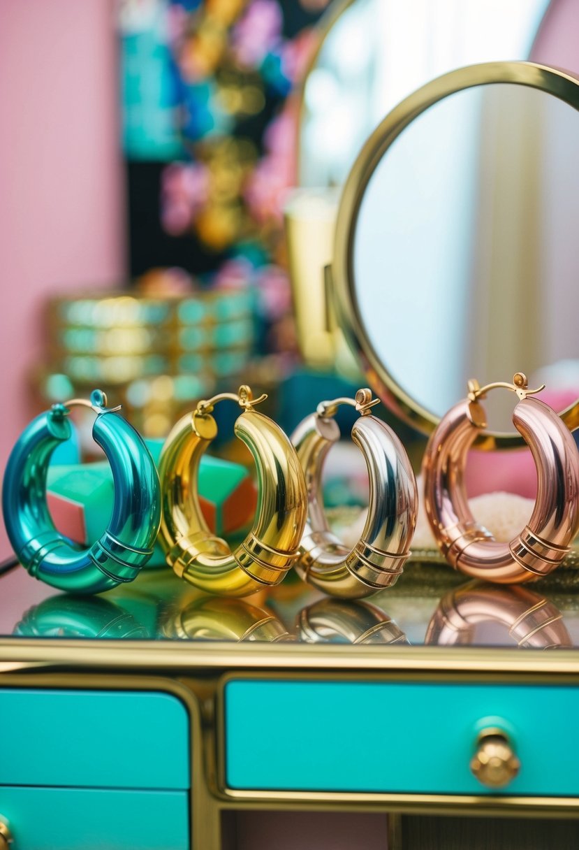 A colorful collection of oversized hoop earrings with geometric shapes and metallic finishes displayed on a retro vanity table