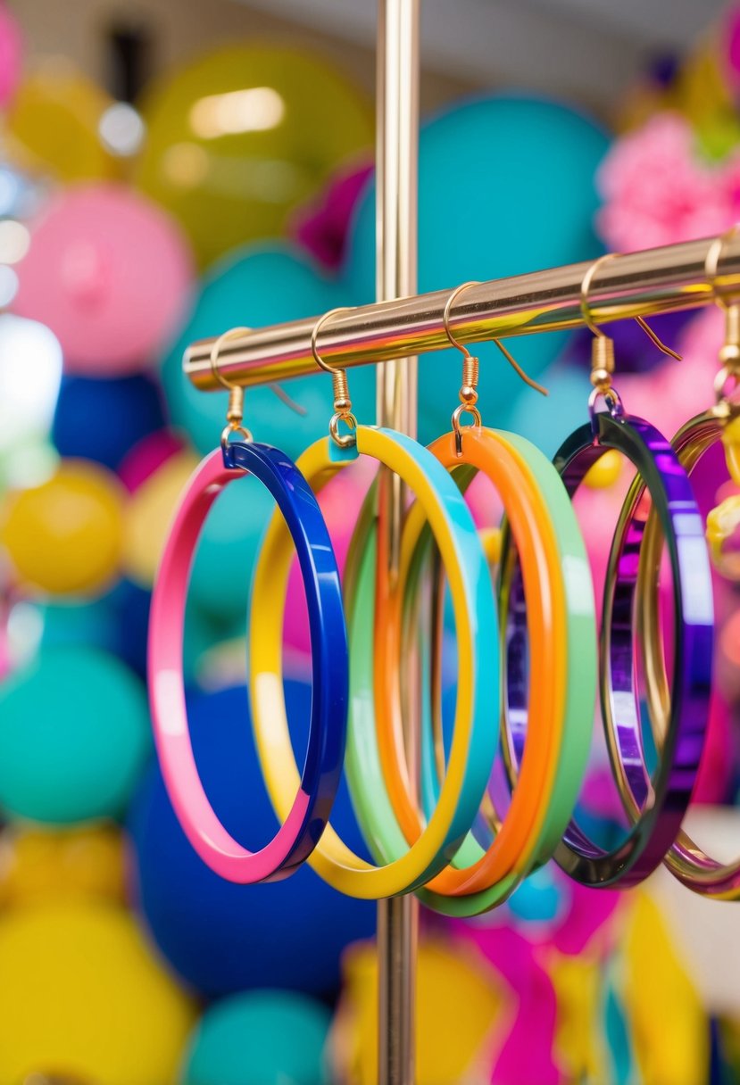 Colorful geometric hoops hang from a retro-inspired earring display, surrounded by vibrant 80s-inspired wedding decor