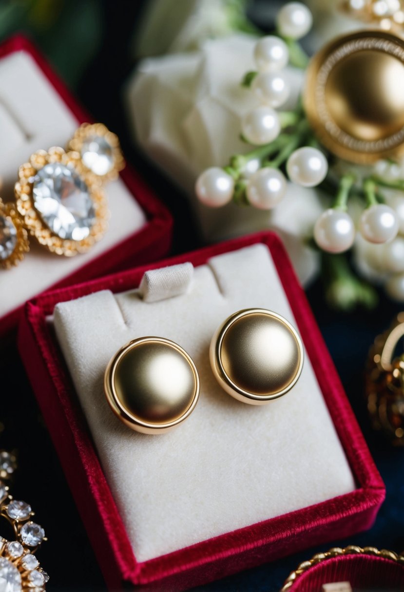 Two shiny gold button earrings on a velvet display, surrounded by other vintage wedding accessories