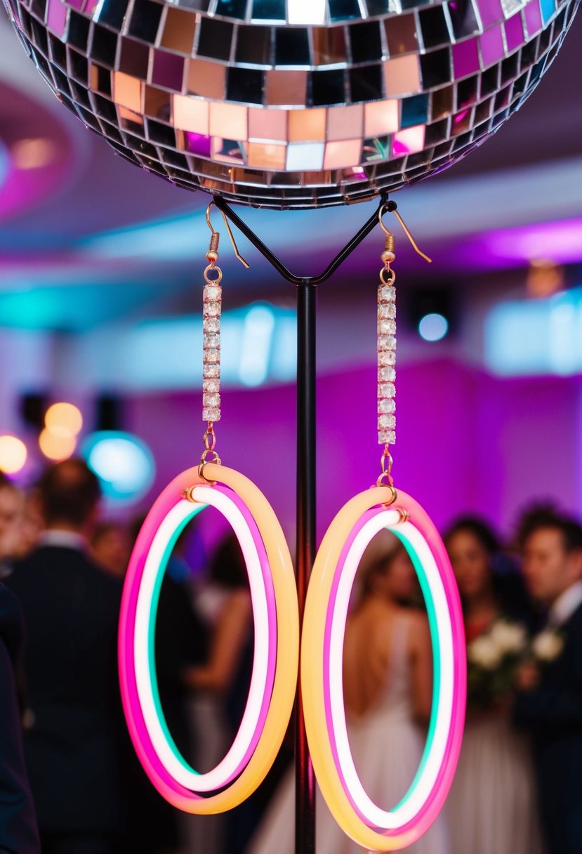 Bright neon dangle earrings hang from a retro disco ball at an 80s wedding reception