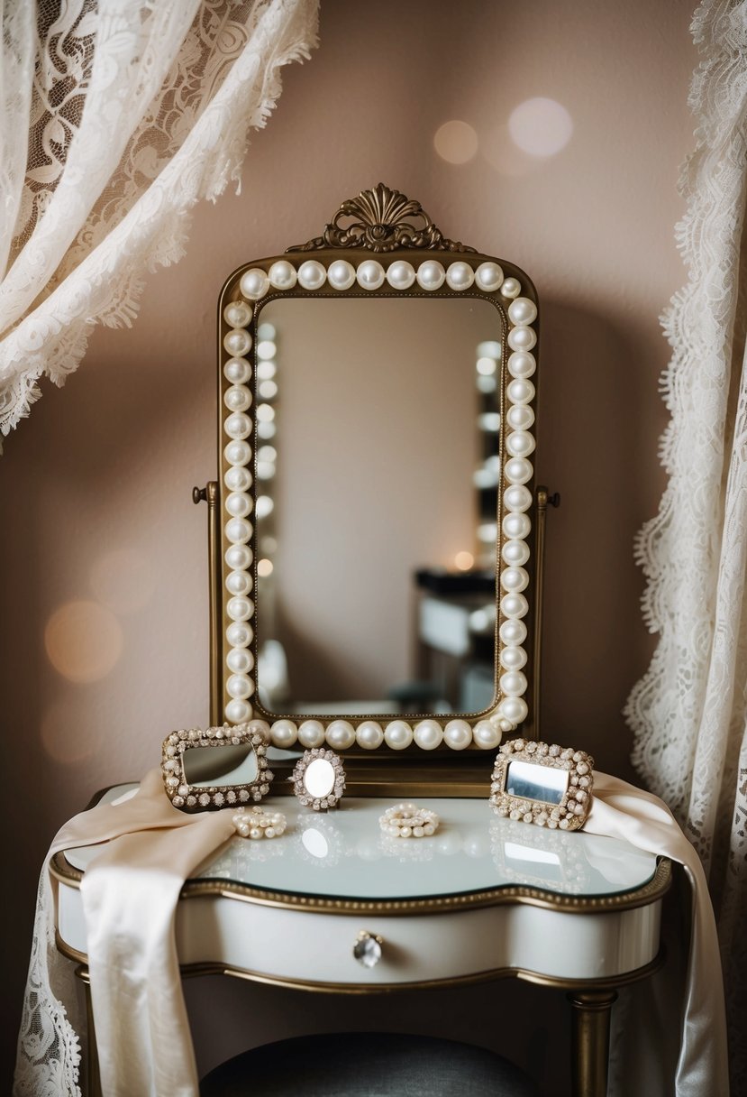 A vintage vanity table with a mirror adorned with oversized pearl studs, surrounded by lace and silk fabric