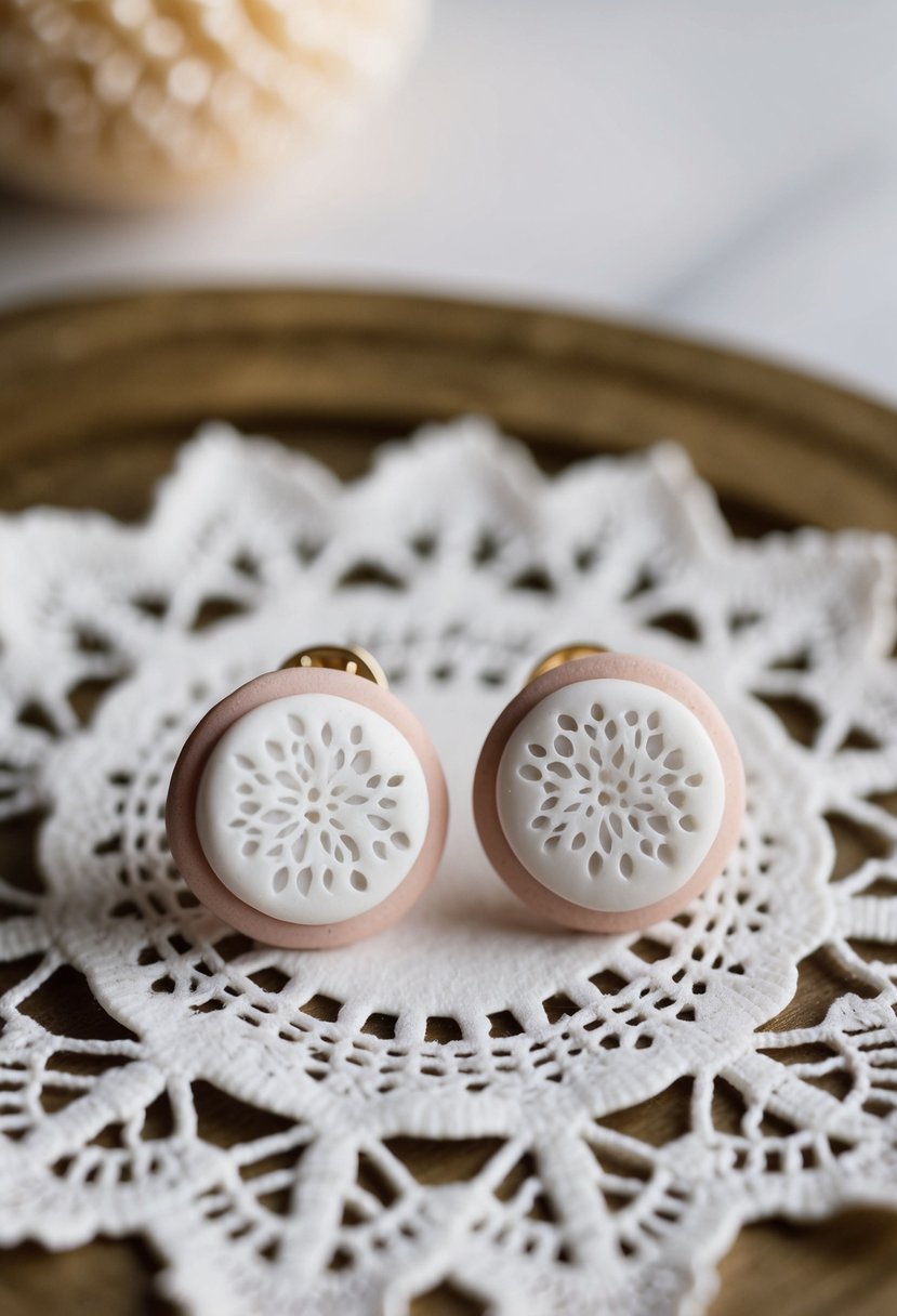 A delicate pair of clay earrings with lace impressions, displayed on a vintage lace doily