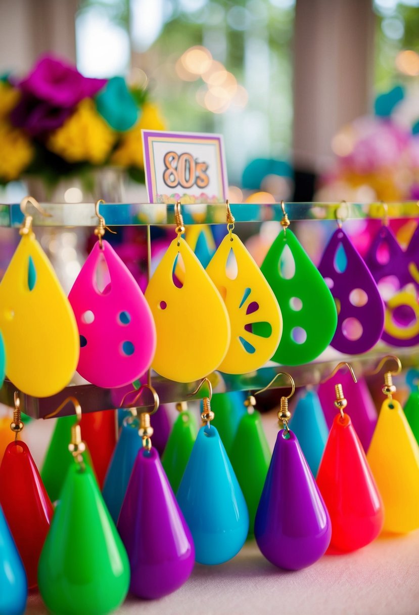 A vibrant display of plastic drop earrings in bold 80s colors and patterns, arranged on a retro-themed wedding table