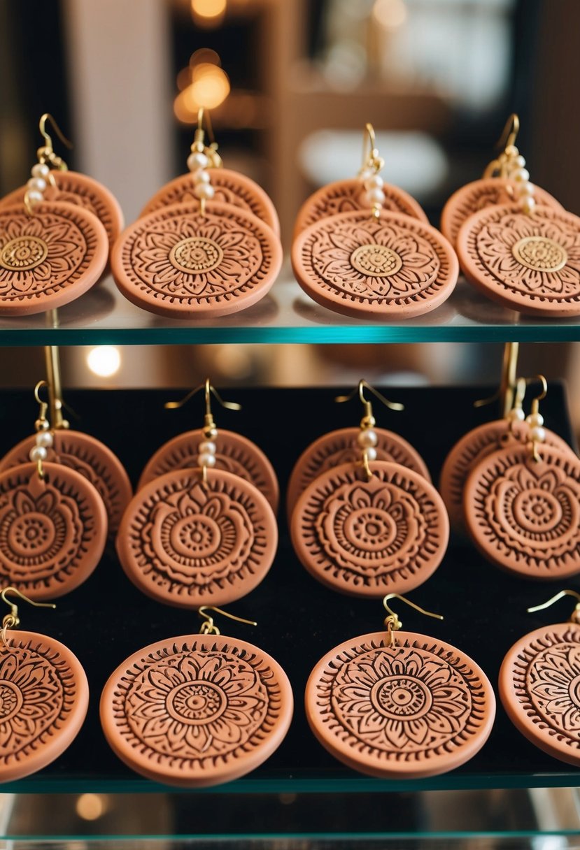 A display of intricately designed clay mandala discs arranged as wedding earring ideas