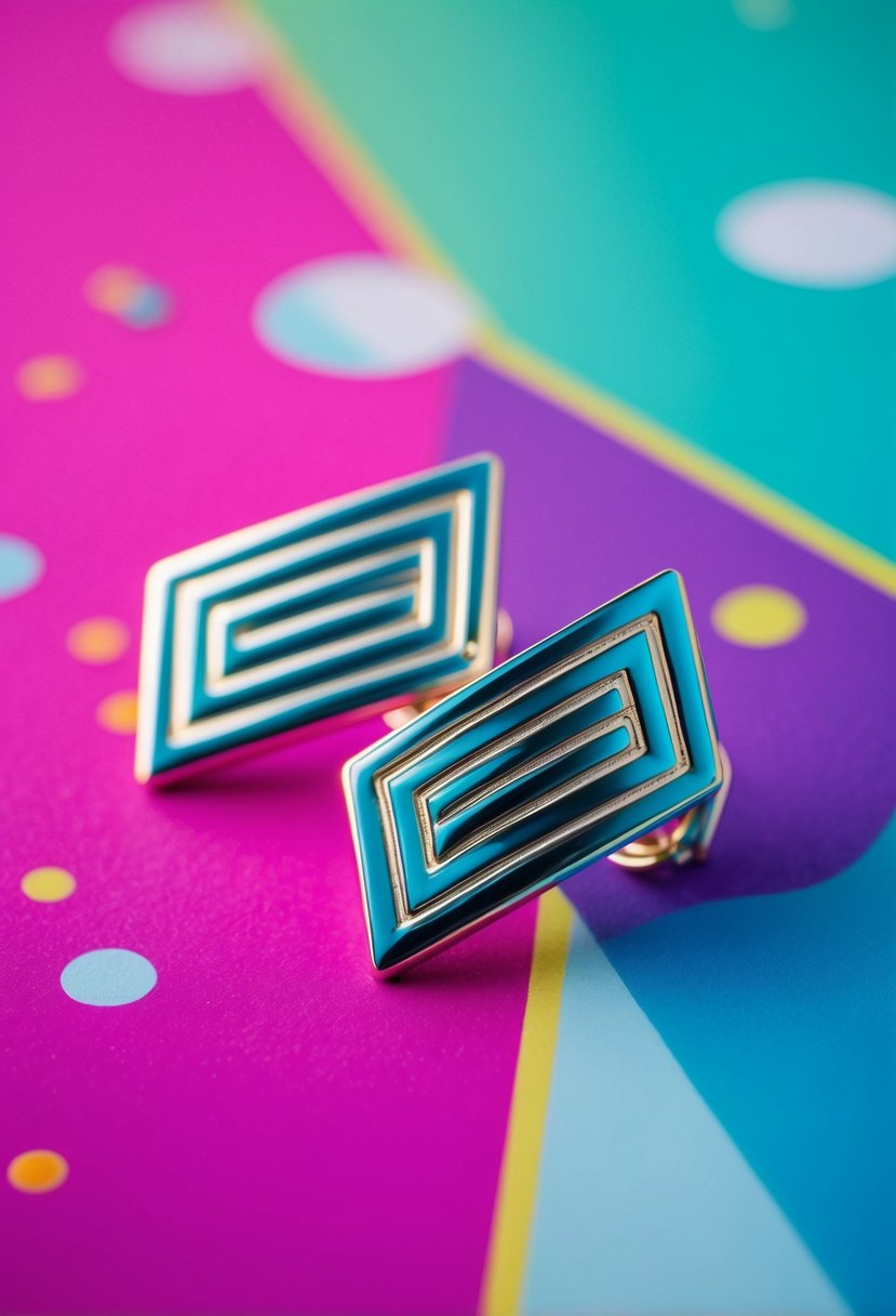 A close-up of metallic zigzag earrings against a vibrant 80s-inspired backdrop