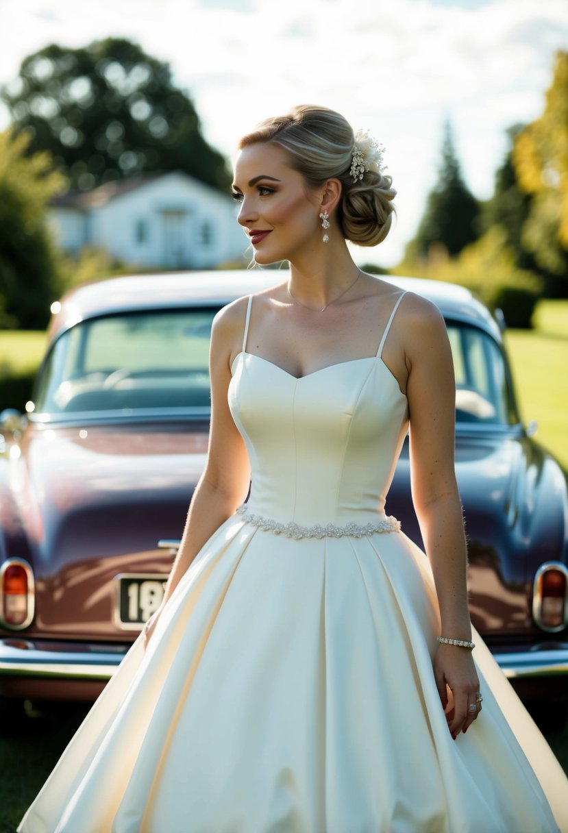 A bride in a 1990s style wedding dress, with a fitted bodice, spaghetti straps, and a full skirt, standing in front of a vintage car