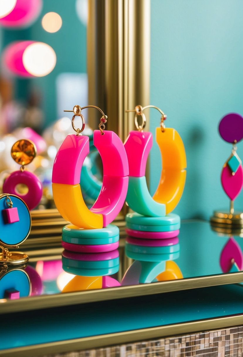 A pair of chunky resin hoops in vibrant colors and geometric shapes, displayed on a retro-inspired vanity table with other 80s wedding earring ideas