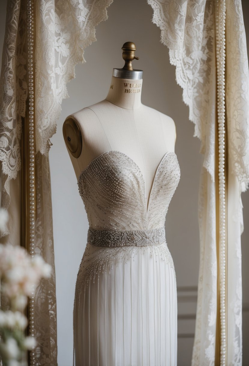 A beaded sheath wedding dress draped over a vintage mannequin, surrounded by antique lace and pearls