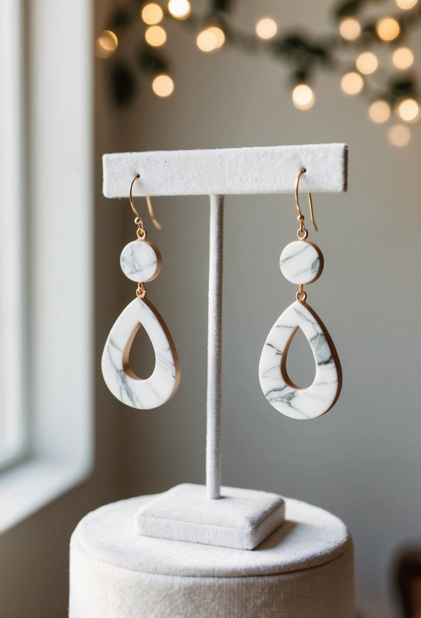 A pair of elegant marble-inspired clay wedding earrings displayed on a white velvet pedestal under soft, natural lighting