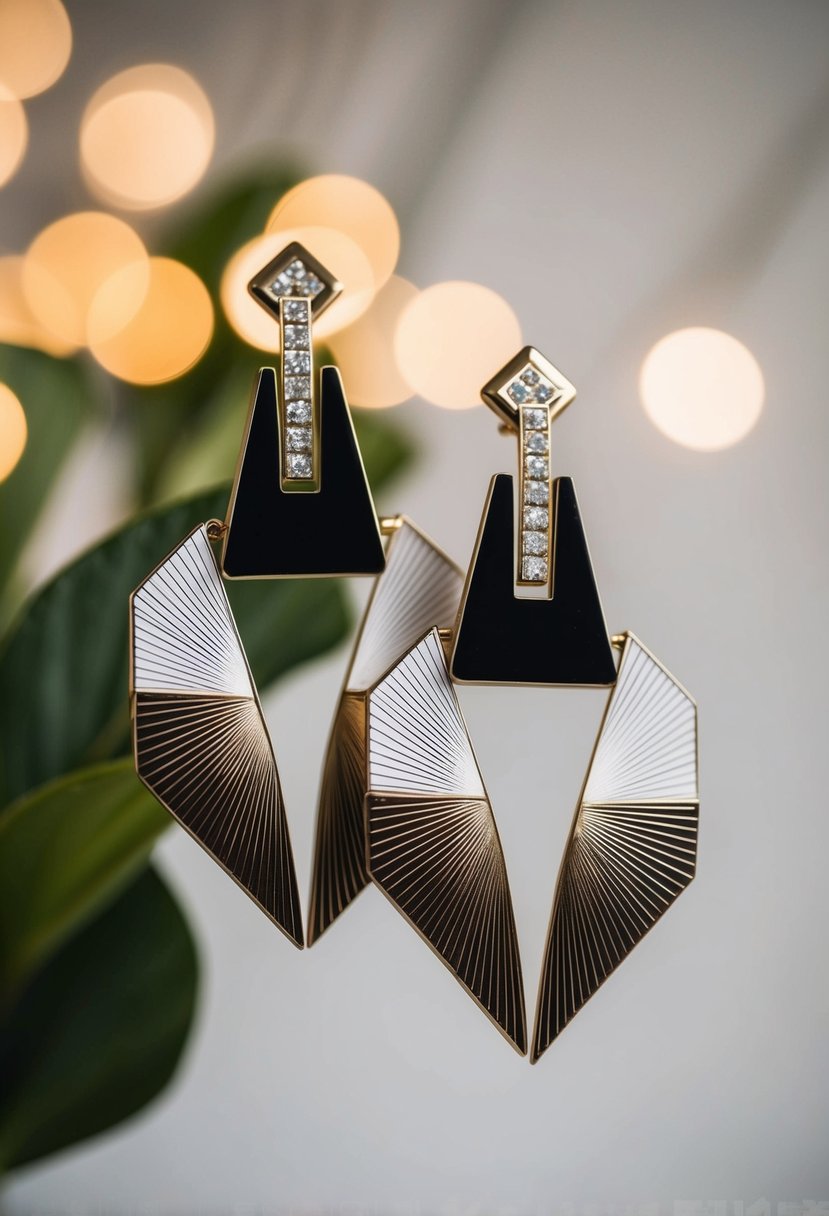 An elegant, geometric earring design with bold, angular shapes and metallic accents, reminiscent of Art Deco style with a touch of 80s flair