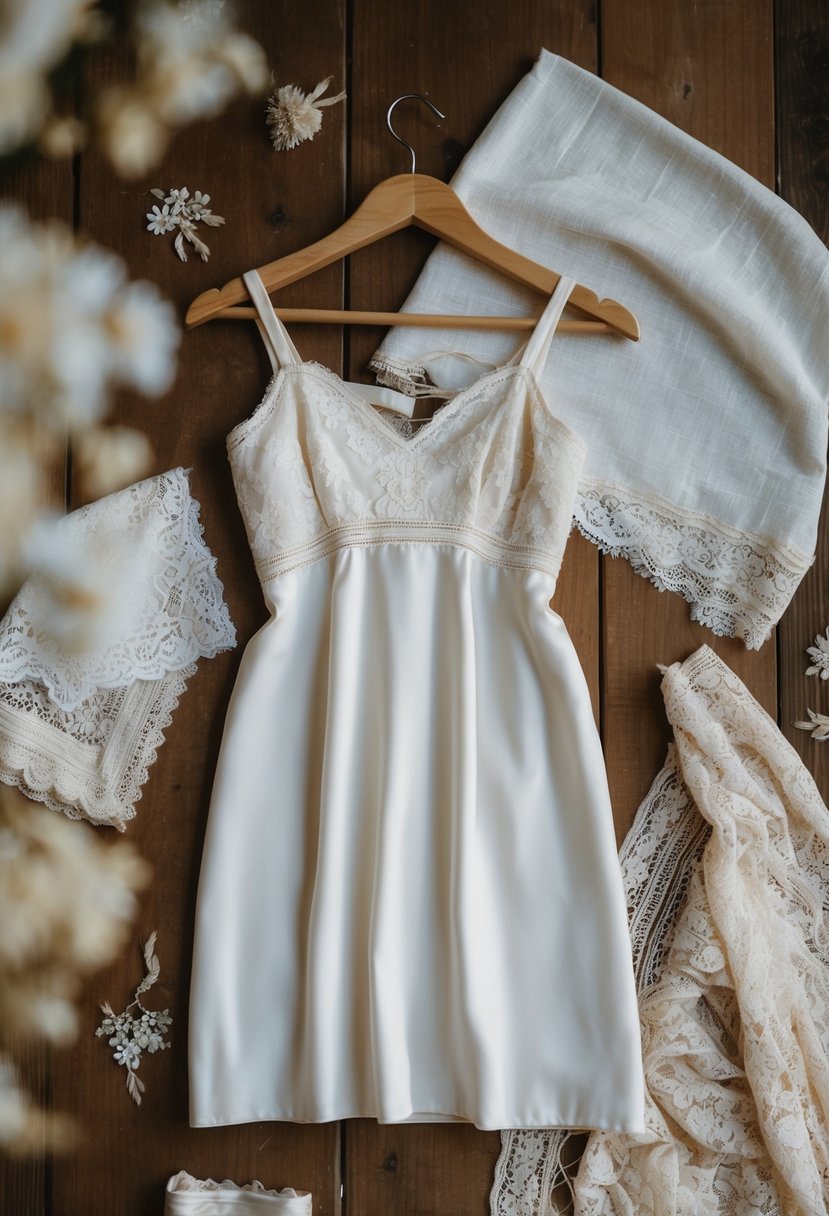 A vintage-inspired slip dress hangs on a rustic wooden hanger, surrounded by delicate lace and silk fabric swatches