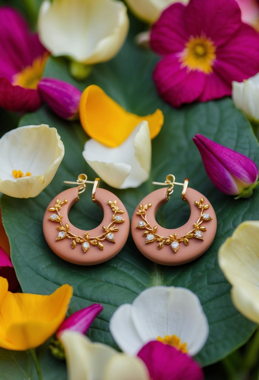 Delicate clay earrings with gold accents, surrounded by vibrant flower petals