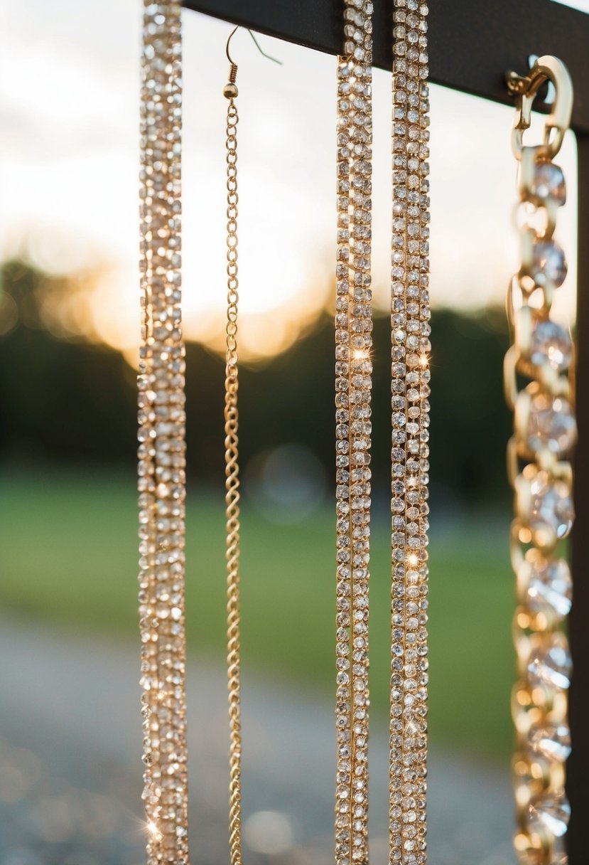 Shimmering chains dangle dramatically, inspired by 80s weddings for earring ideas