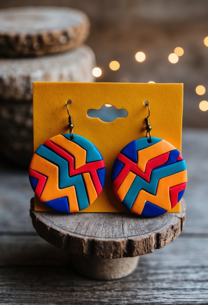 Vibrant clay earrings with bold Aztec patterns displayed on a rustic wooden table