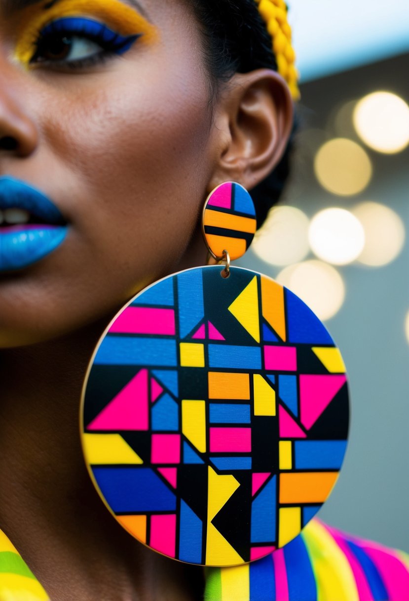 A colorful pair of oversized statement earrings, featuring bold geometric shapes and vibrant patterns, reminiscent of the 1980s pop art style