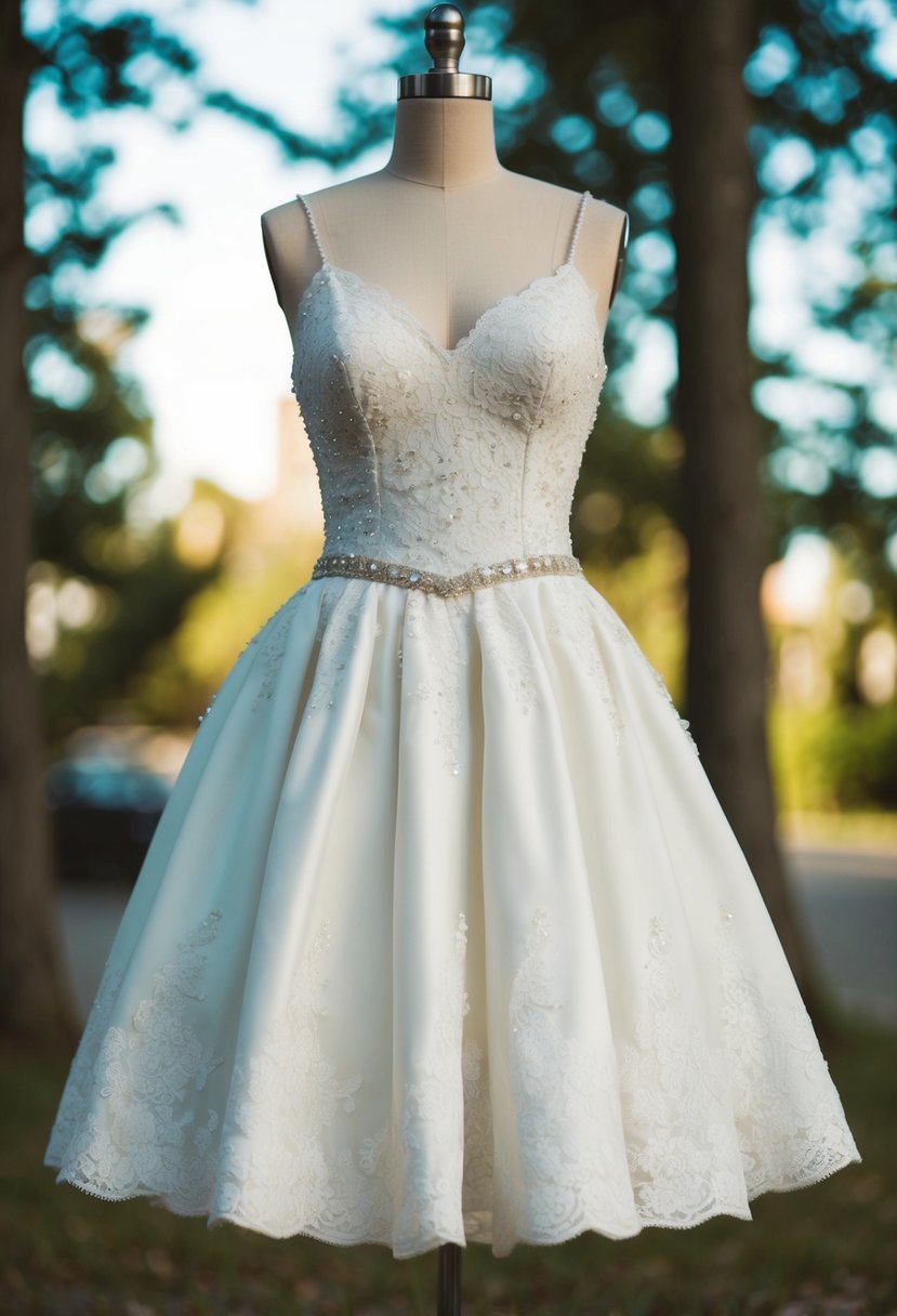 A 1990s-style mini wedding dress with lace and spaghetti straps, adorned with delicate beading and a flared skirt