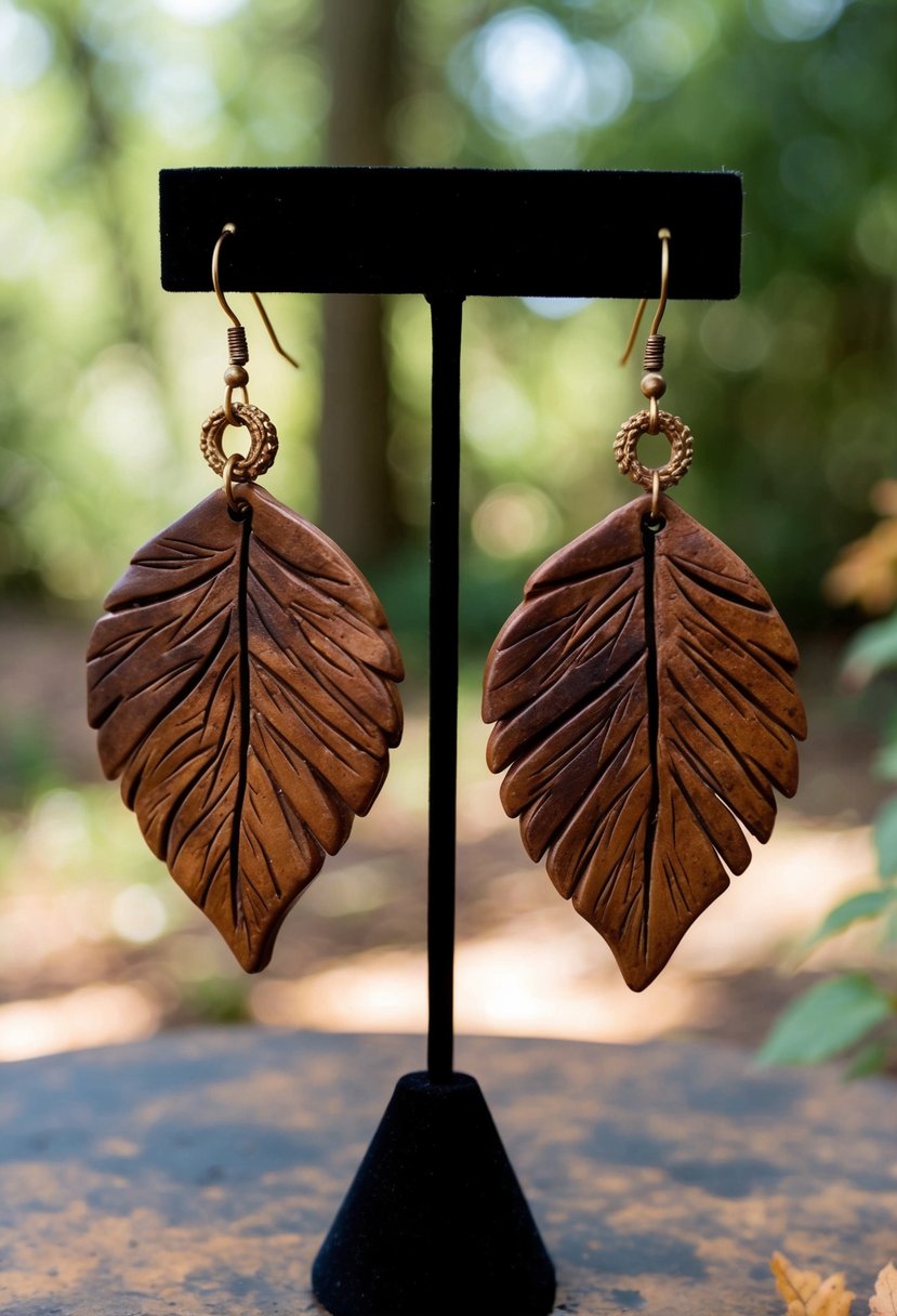 A pair of clay earrings inspired by rustic woodland leaves, with intricate details and earthy colors, hanging from a display stand in a natural setting