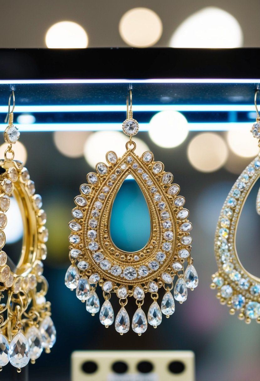 A retro clip-on chandelier earring hangs from a display, surrounded by other 80s wedding earring ideas