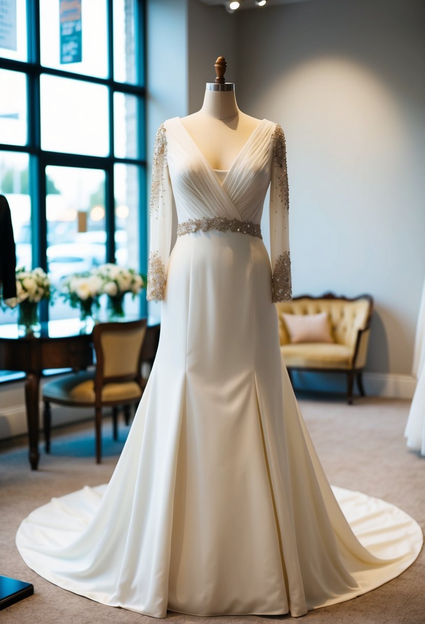 A 1990s style wedding dress with beaded sleeves and a cathedral train, displayed on a vintage mannequin in a softly lit boutique showroom