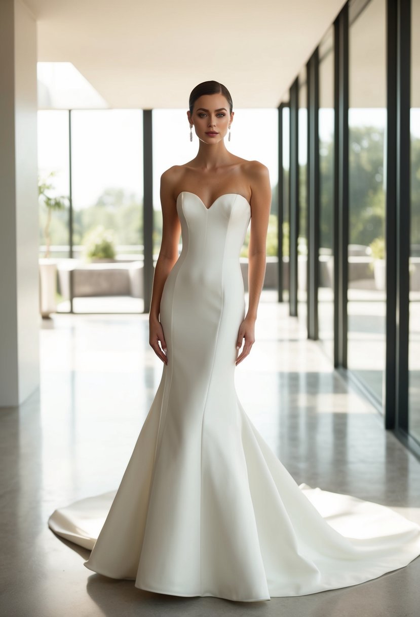 A bride in a sleek, minimalist 1990s style Narciso Rodriguez gown, standing in a modern, elegant wedding venue