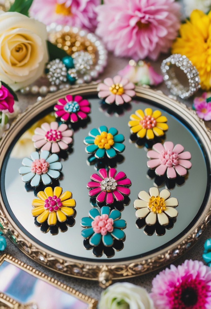 Colorful floral motif studs arranged on a mirrored surface, surrounded by 80s wedding accessories and decor