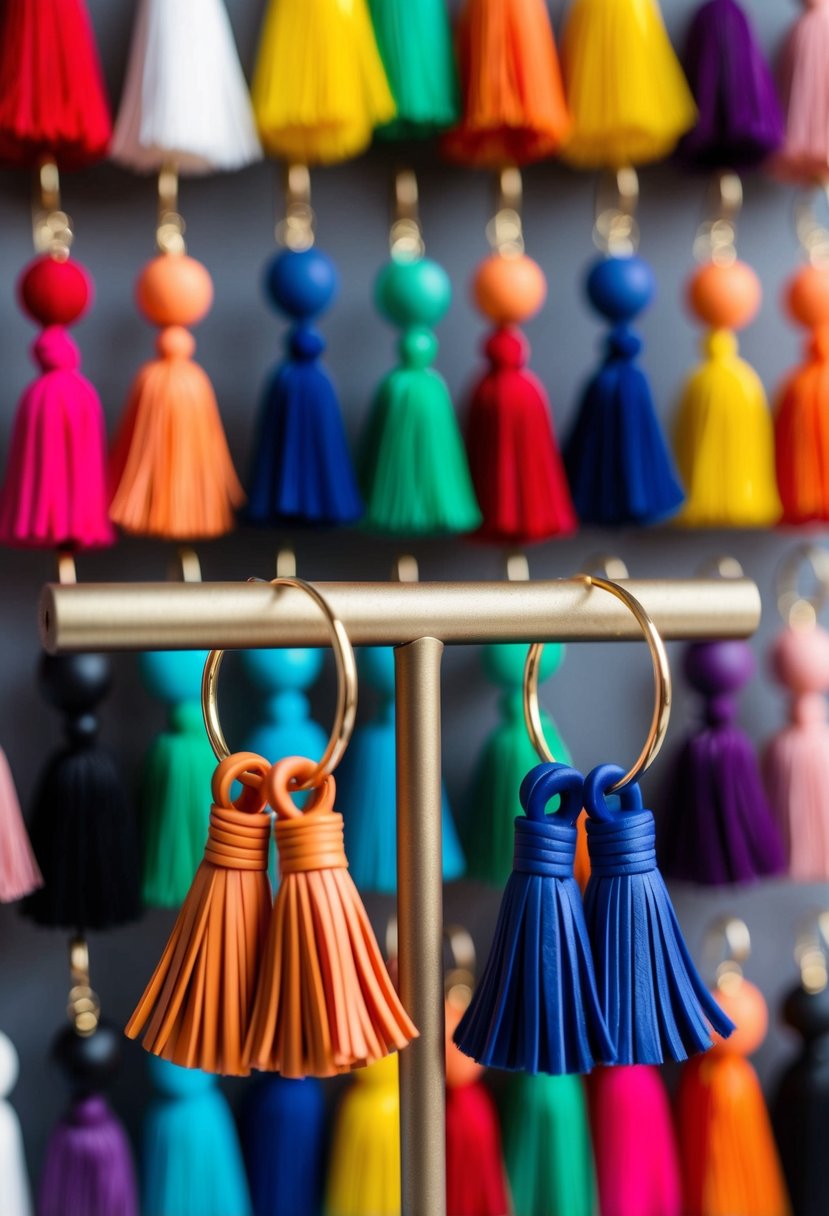 A vibrant display of clay earrings in tassel hoop designs, featuring an array of bold and colorful combinations