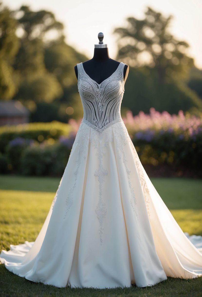 A 1990s-style wedding dress with intricate cutwork lace details, flowing skirt, and delicate beading