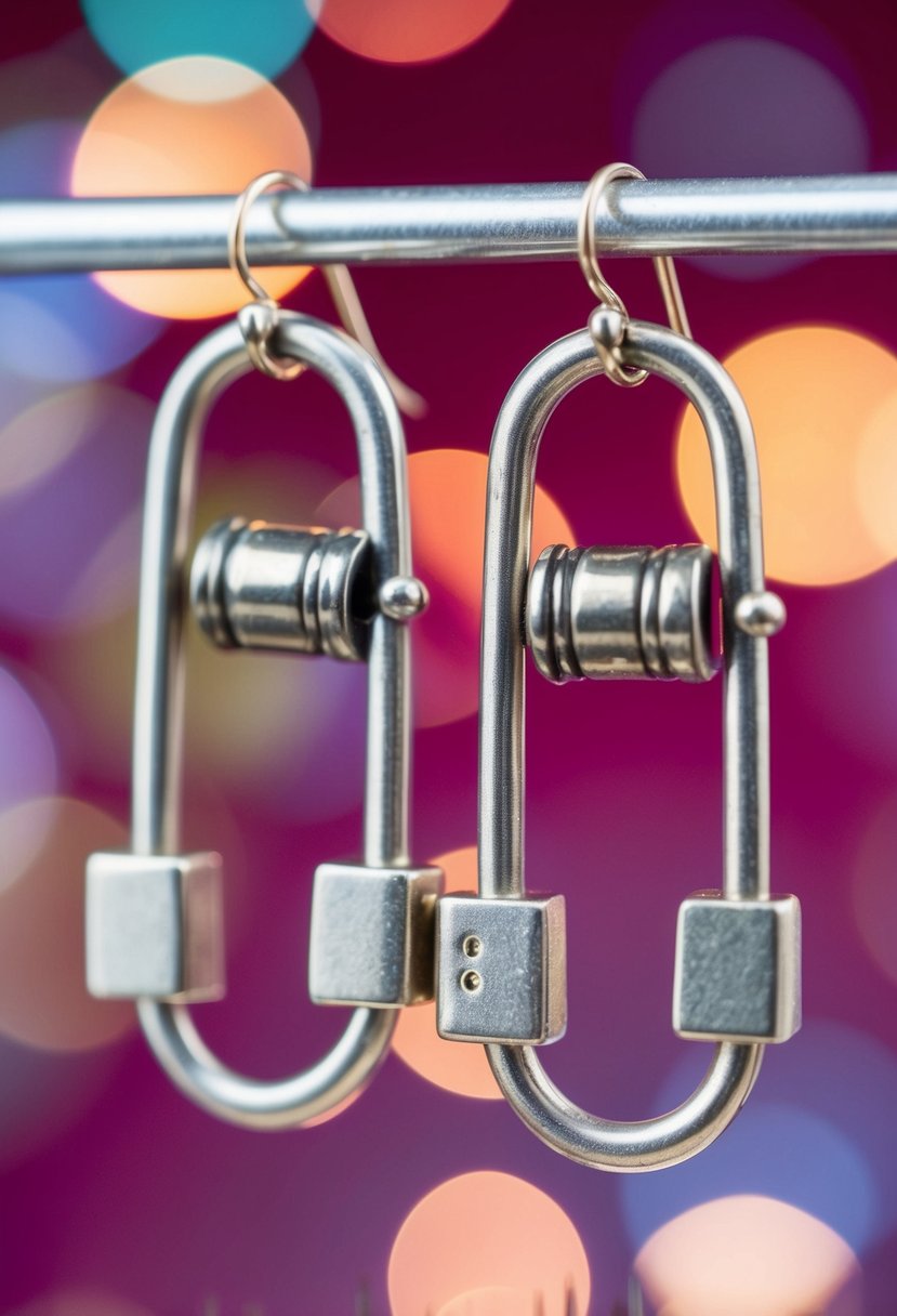 A pair of large safety pin earrings with punk-inspired details and 80s aesthetic