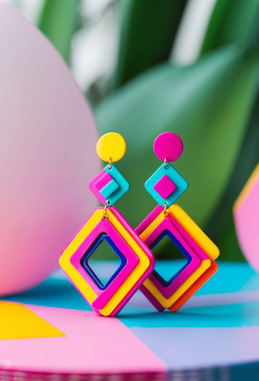 A vibrant 80s-inspired wedding earring set with mismatched geometric shapes and bold neon colors