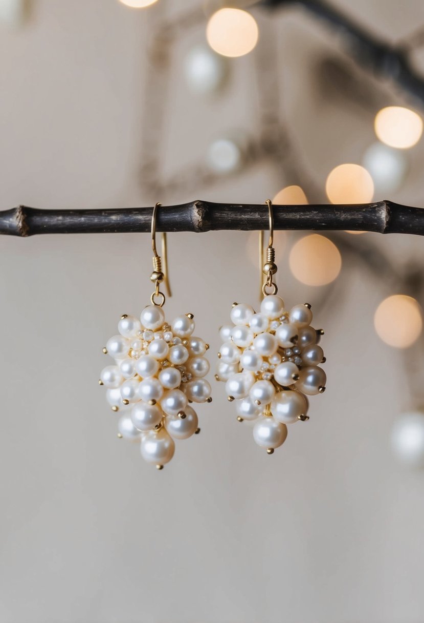 A delicate bridal earring design featuring clusters of pearls and clay, with a romantic and elegant feel