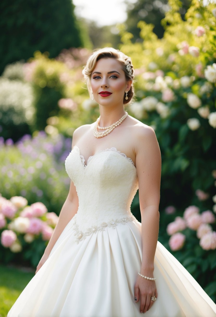 A bride in a 1990s style wedding dress with a Basque waist silhouette, adorned with lace and pearls, standing in a garden surrounded by blooming flowers