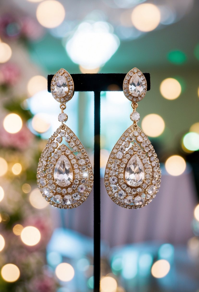 Sparkling rhinestone earrings dangle from a retro-inspired display, catching the light in a glamorous 80s wedding setting