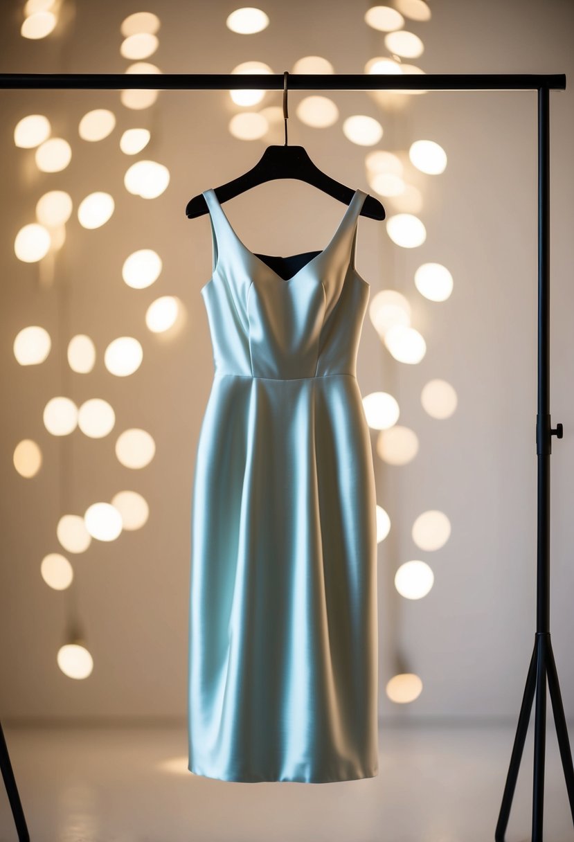 A minimalist satin dress hangs on a sleek mannequin, surrounded by soft, romantic lighting