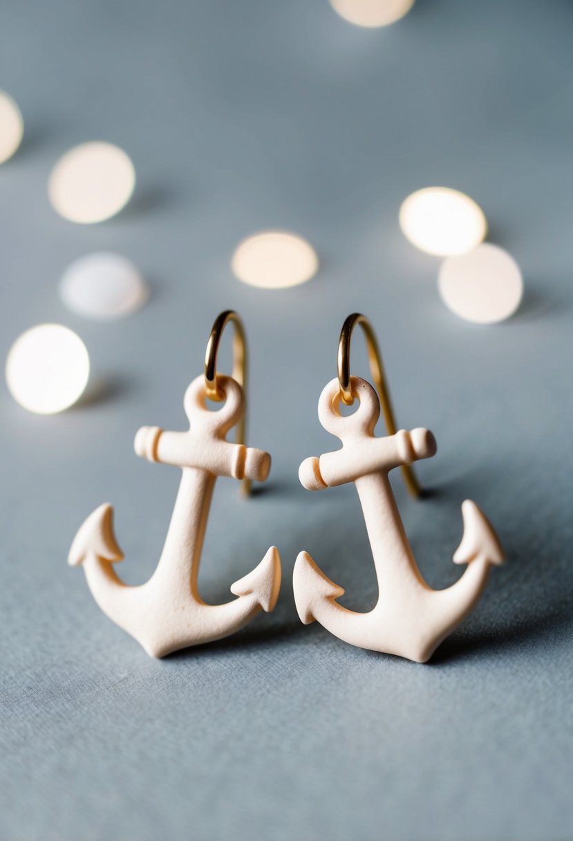 A pair of elegant clay earrings in the shape of nautical anchors, with a chic and minimalist design, perfect for a wedding