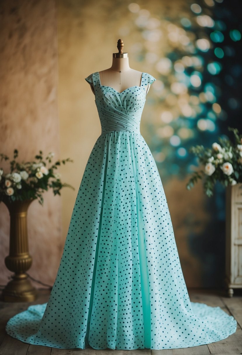 A tea-length wedding dress with polka dot pattern, 1990s charm, and whimsical flair, set against a vintage backdrop