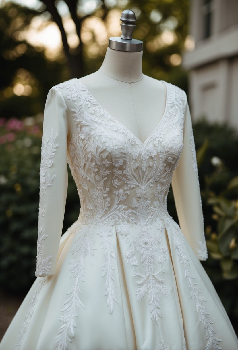 A 1990s style wedding dress adorned with intricate embroidery designs, featuring delicate floral patterns and ornate detailing